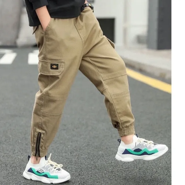 Boys Pants Cotton Cargo Pants Multi-Pocket Sweatpants