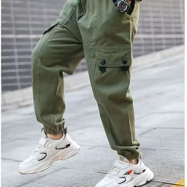 Boys Pants Cotton Cargo Pants Multi-Pocket Sweatpants