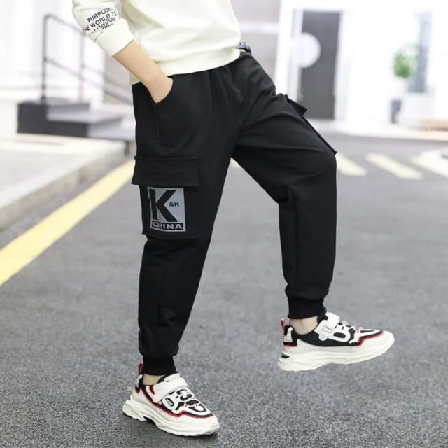 Boys Pants Cotton Cargo Pants Multi-Pocket Sweatpants