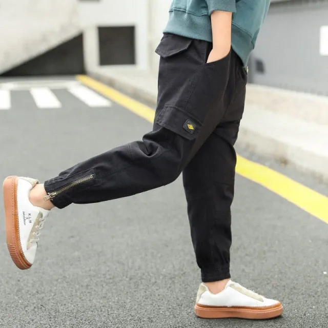 Boys Pants Cotton Cargo Pants Multi-Pocket Sweatpants