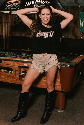 SoftInteriorLining Breaking Horses Knotted "Howdy" Graphic Top (Black)