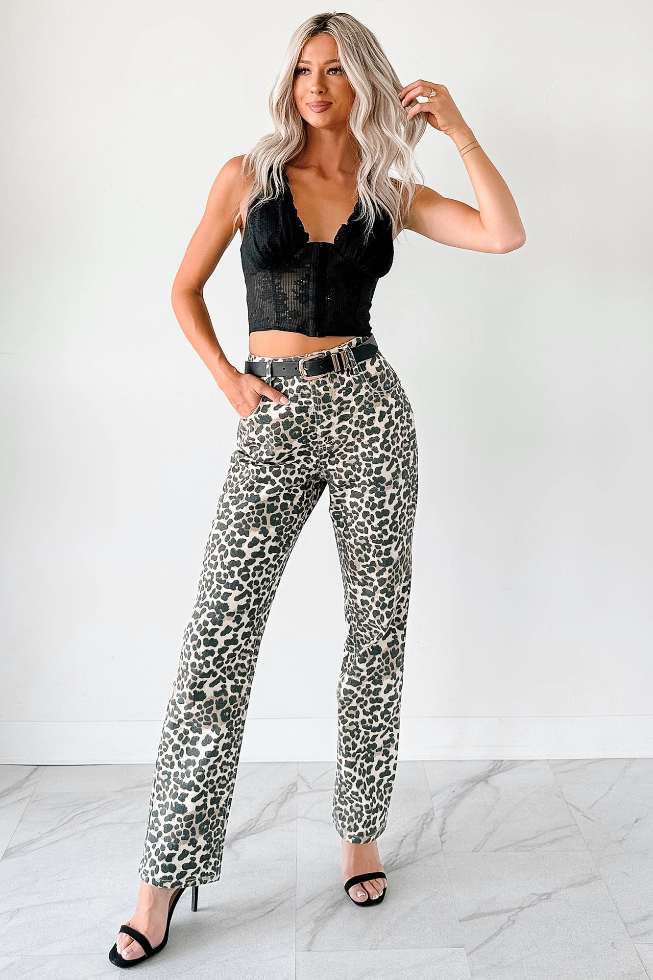 Quick Conversion Hem Calista High Rise Straight Leg Saige Denim Jeans (Leopard)