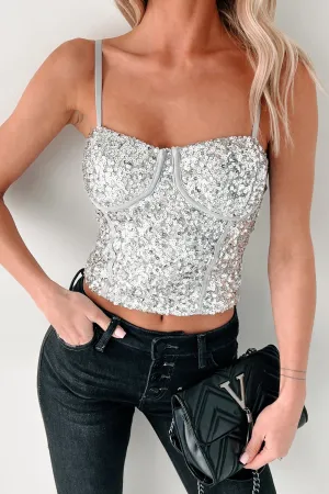 VentilatedMeshPaneling Gleaming Goddess Sequin Corset Top (Grey/Silver)
