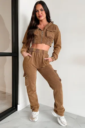 Talk Later Mineral Wash Hoodie & Sweatpants Set (Mocha) AdaptiveFitFabric SeamFree Knitting