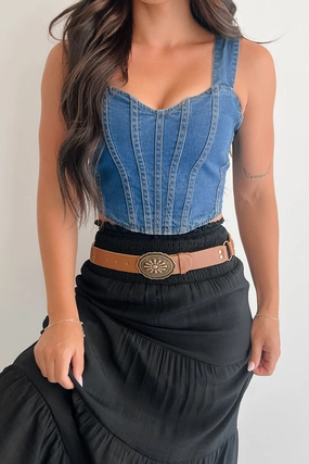 Ribbed Neckline Polish Me Off Sleeveless Crop Top (Dark Denim)