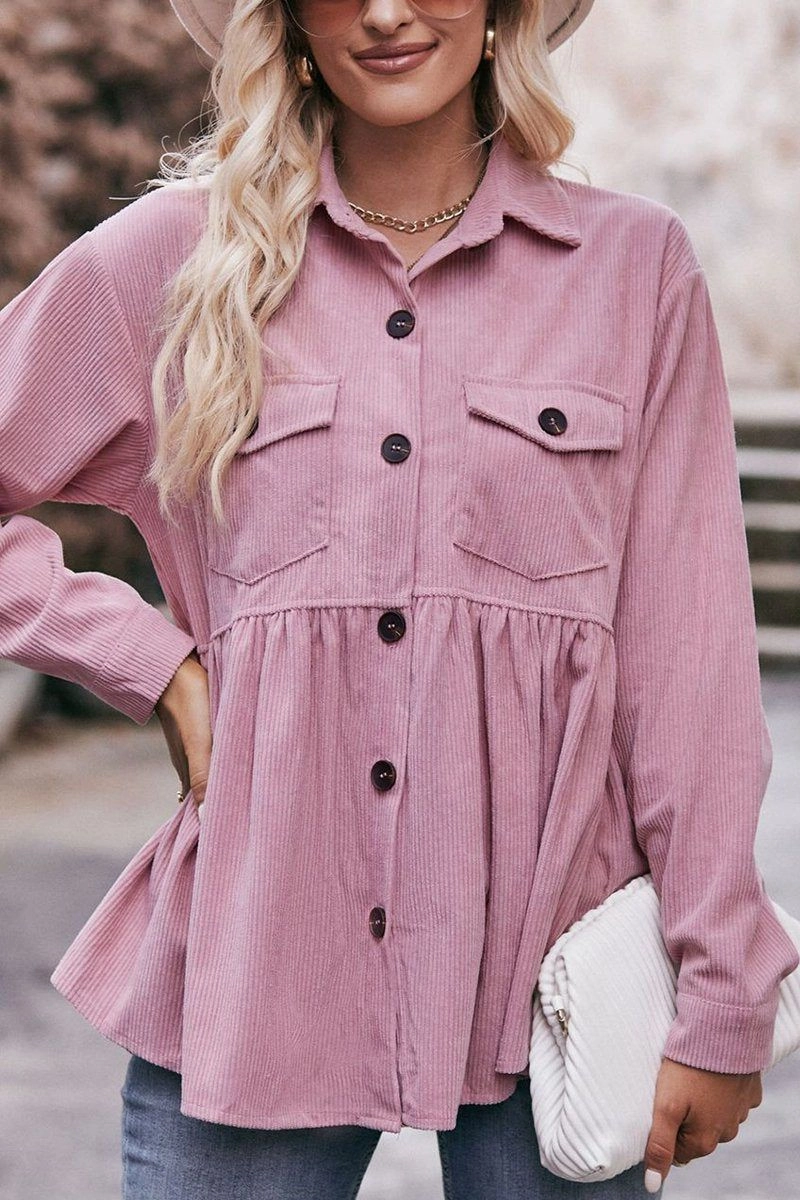 WOMEN CORDUROY BUTTON UP SHIRTS WITH POCKETS Simple Dress