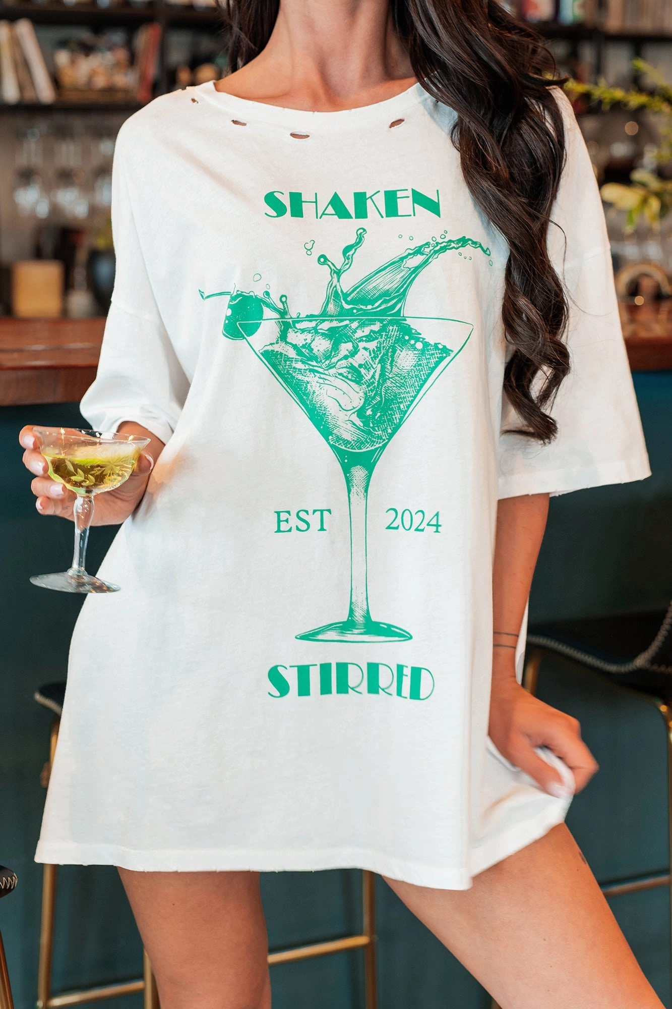 Martini Darling Distressed Graphic T-Shirt (Ivory) Printed Blouse TwoToneEffect