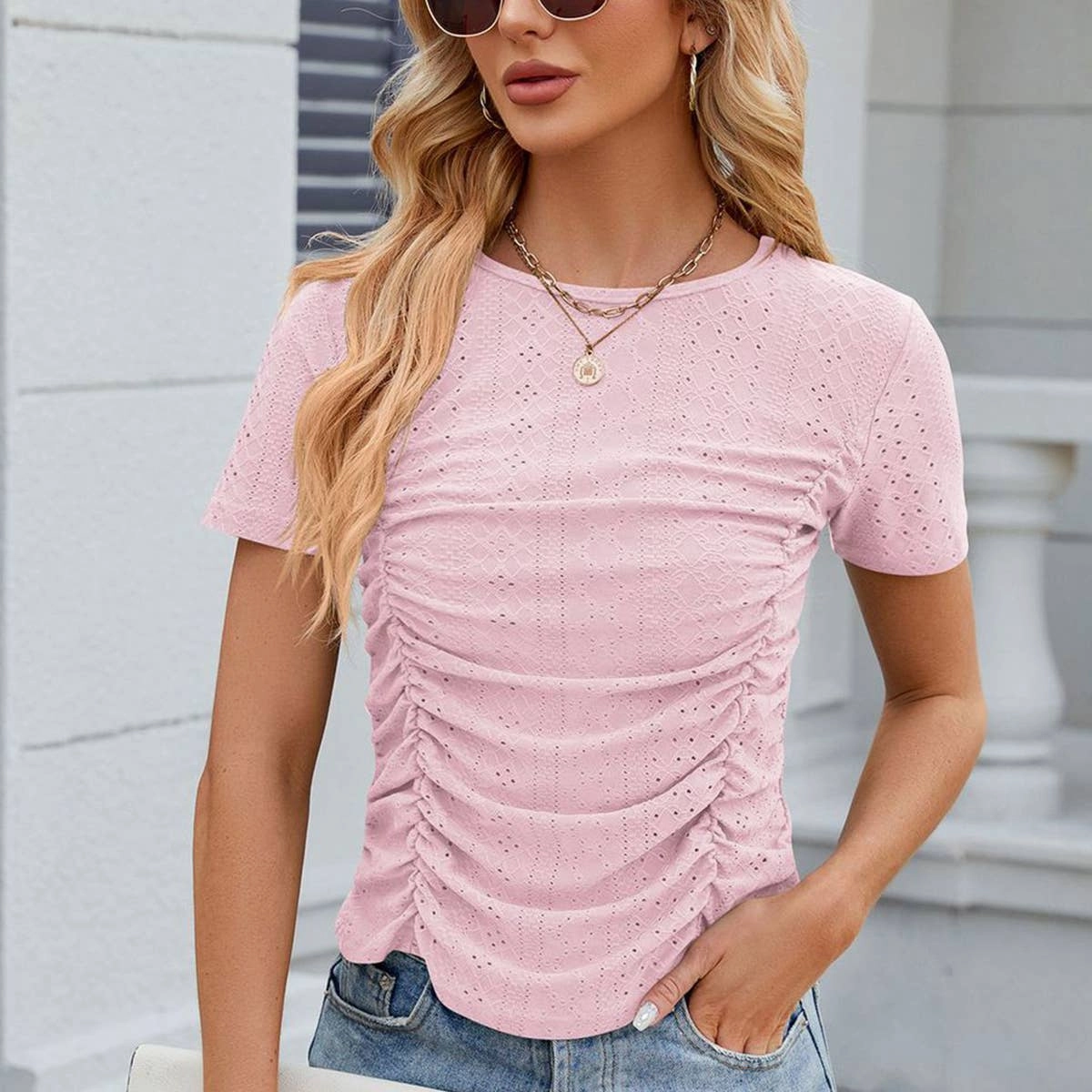 Earthy Tone Colorways Hygroscopic Inner Layer BREATHABLE SOLID COLOR PLEATED SLIM FIT T-SHIRT_CWTSTS0386