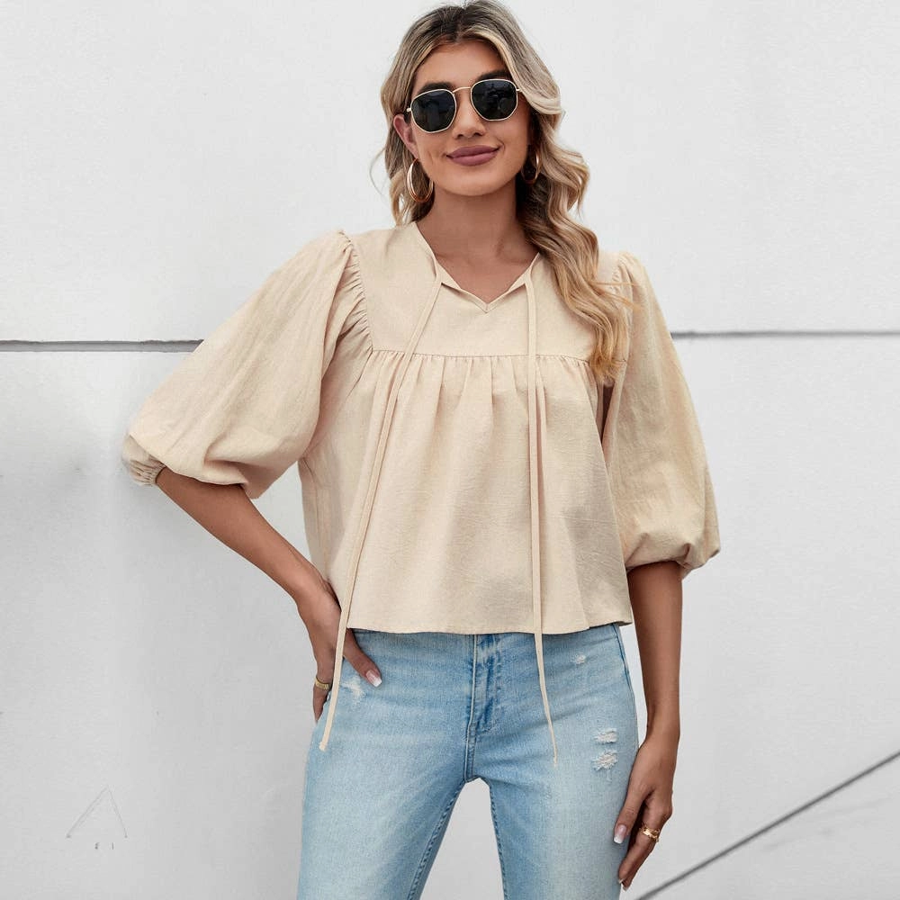 BOW TOP WITH FIVE-QUARTER SLEEVES_CWTBLS0768 AdjustableNeckline WaterResistant
