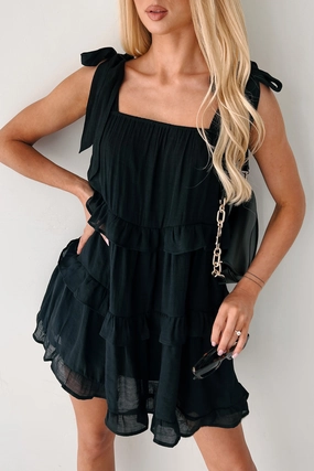 skin friendly Sleek Waistband Kiss Me Quick Ruffle Tiered Babydoll Dress (Black)