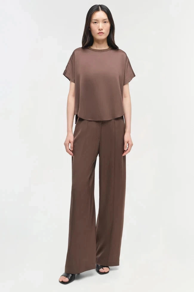 Kyra Satin Wide Leg Pant Cocoa Work Essential Comfortable Waistband