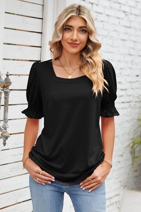 SQUARE NECK RUFFLED SHORT SLEEVE WOMEN T SHIRTS Stretch Material Compression Fit