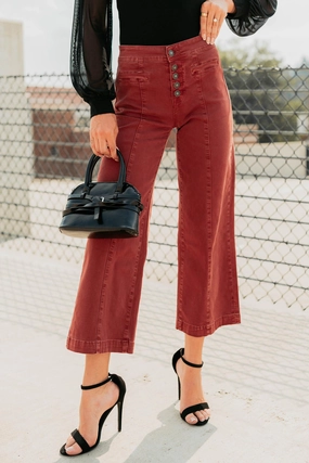 Active Comfort Fit BreathableMaterial Frances Wide Leg Cropped Mica Denim Jeans (Dark Red)