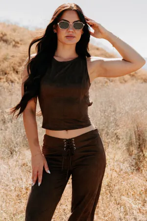 Add To Lore Open Back Lace-Up Suede Top (Brown) HighElasticity Thread