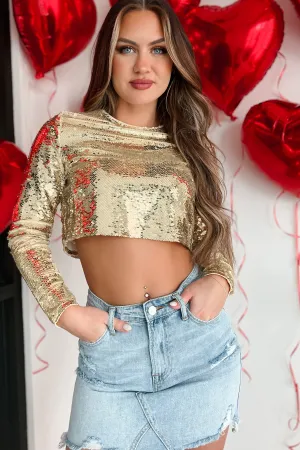 Non Restrictive Fit Eco Friendly Material Bright Lights Long Sleeve Sequin Crop Top (Gold)