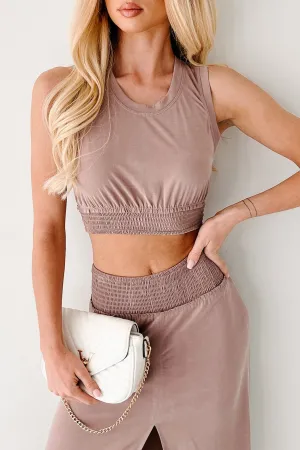 FadeResistant Treatment Bringing The Heat Smocked Hem Crop Top (Dark Taupe)