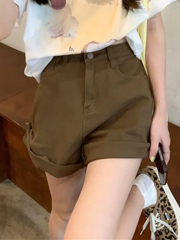 Brown Cuffed Hem Denim Shorts