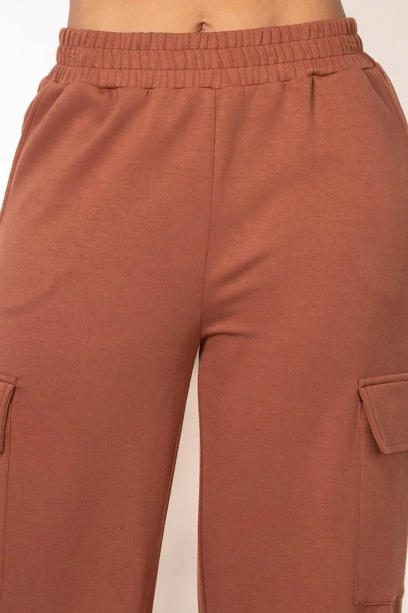 Brown Elastic Straight-Leg Cargo Pants