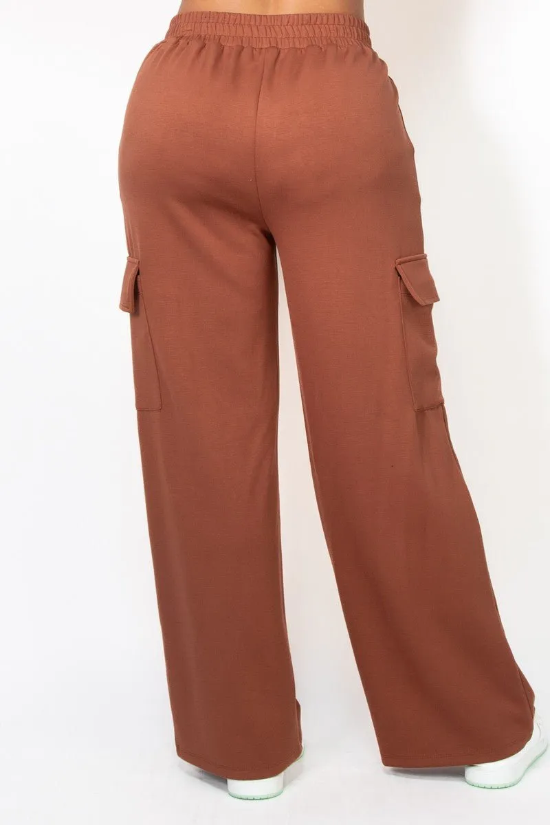 Brown Elastic Straight-Leg Cargo Pants