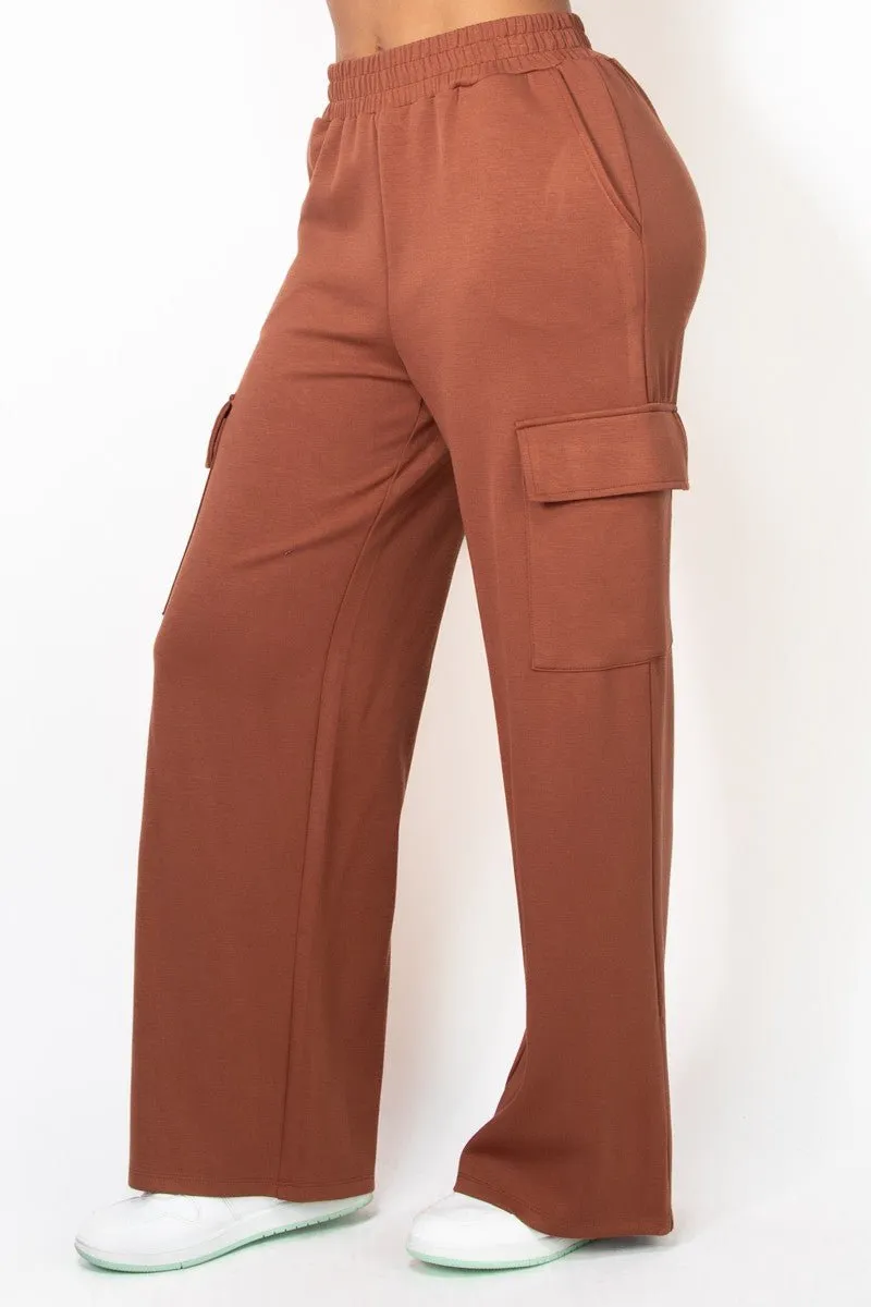 Brown Elastic Straight-Leg Cargo Pants