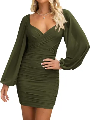BTFBM 2025 Womens Summer Spring Bodycon Dress Cross V Neck Ruched Mesh Long Sleeve Party Short Formal Cocktail Dresses