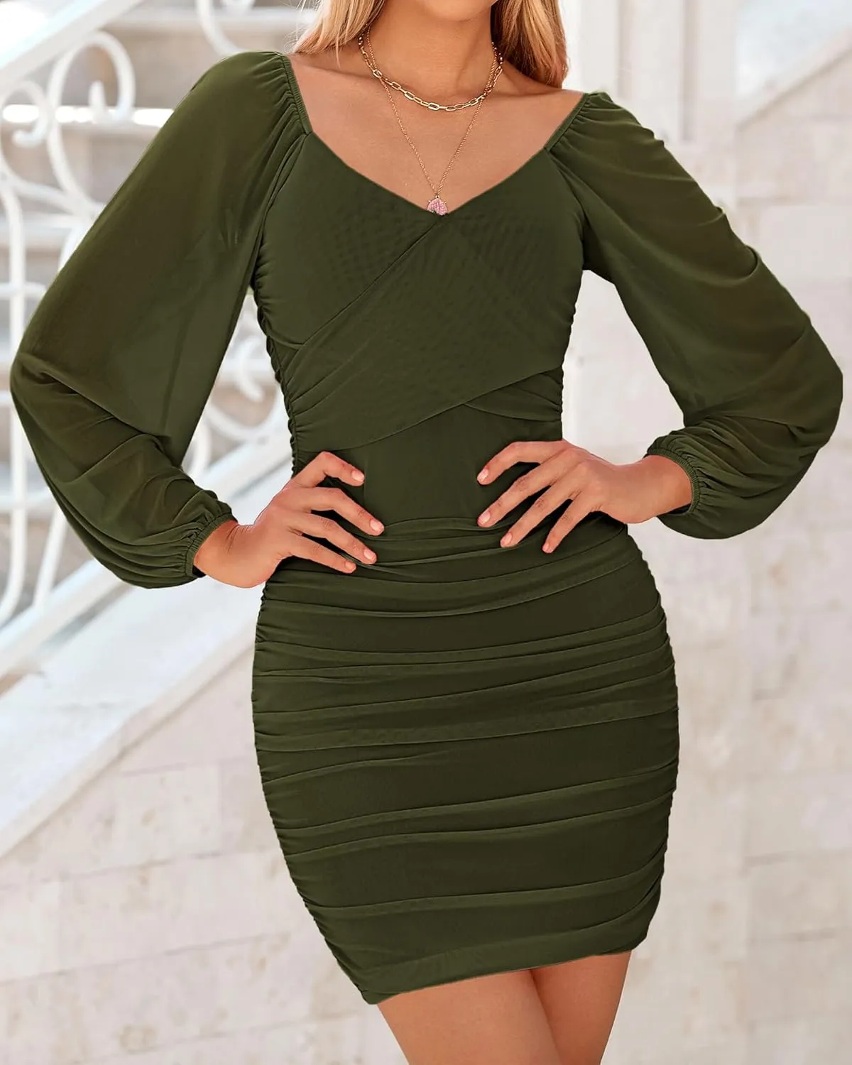 BTFBM 2025 Womens Summer Spring Bodycon Dress Cross V Neck Ruched Mesh Long Sleeve Party Short Formal Cocktail Dresses