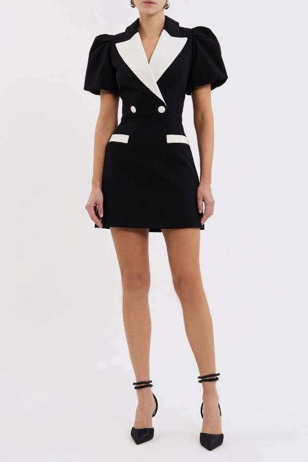 Emma Mini Dress Black and White Smocked-Detail Short Sleeve