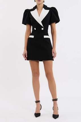 Emma Mini Dress Black and White Smocked-Detail Short Sleeve