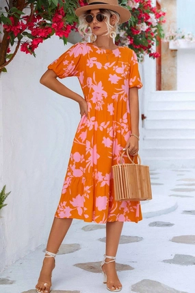BUBBLE SLEEVE PRINTED DRESS_CWDSD2646 Summer Outfit All-season
