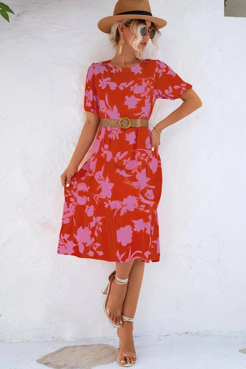 BUBBLE SLEEVE PRINTED DRESS_CWDSD2646 Warm Palette