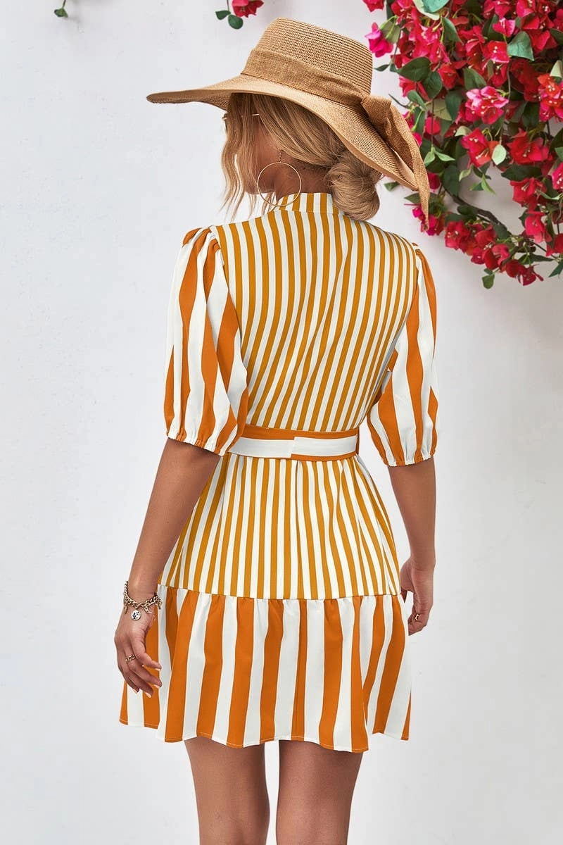 Timeless Fit Look BreathableLining BUBBLE SLEEVE STAND COLLAR DRESS_CWDSD2640