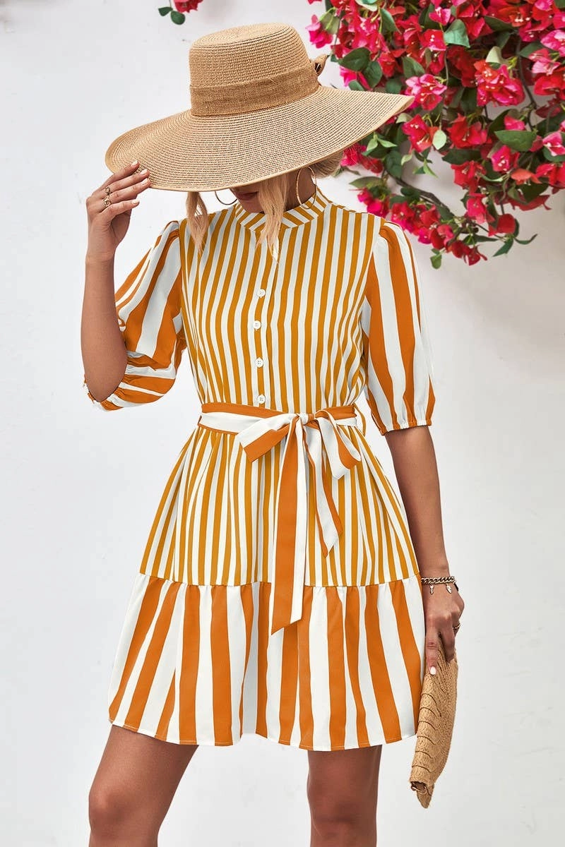 BUBBLE SLEEVE STAND COLLAR DRESS_CWDSD2640 Ombre-Effect