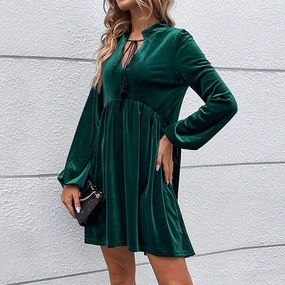 BUBBLY LONG SLEEVED V NECK LACE UP VELVET DRESS_CWDSD3235 Formal Choice Stylish party wear