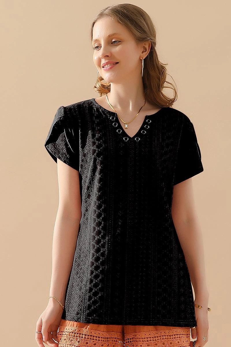 Fray Resistant Edges Ultra Soft Texture BUCKLED V NECK PUNCHING LACE TULIP SLEEVE TEE
