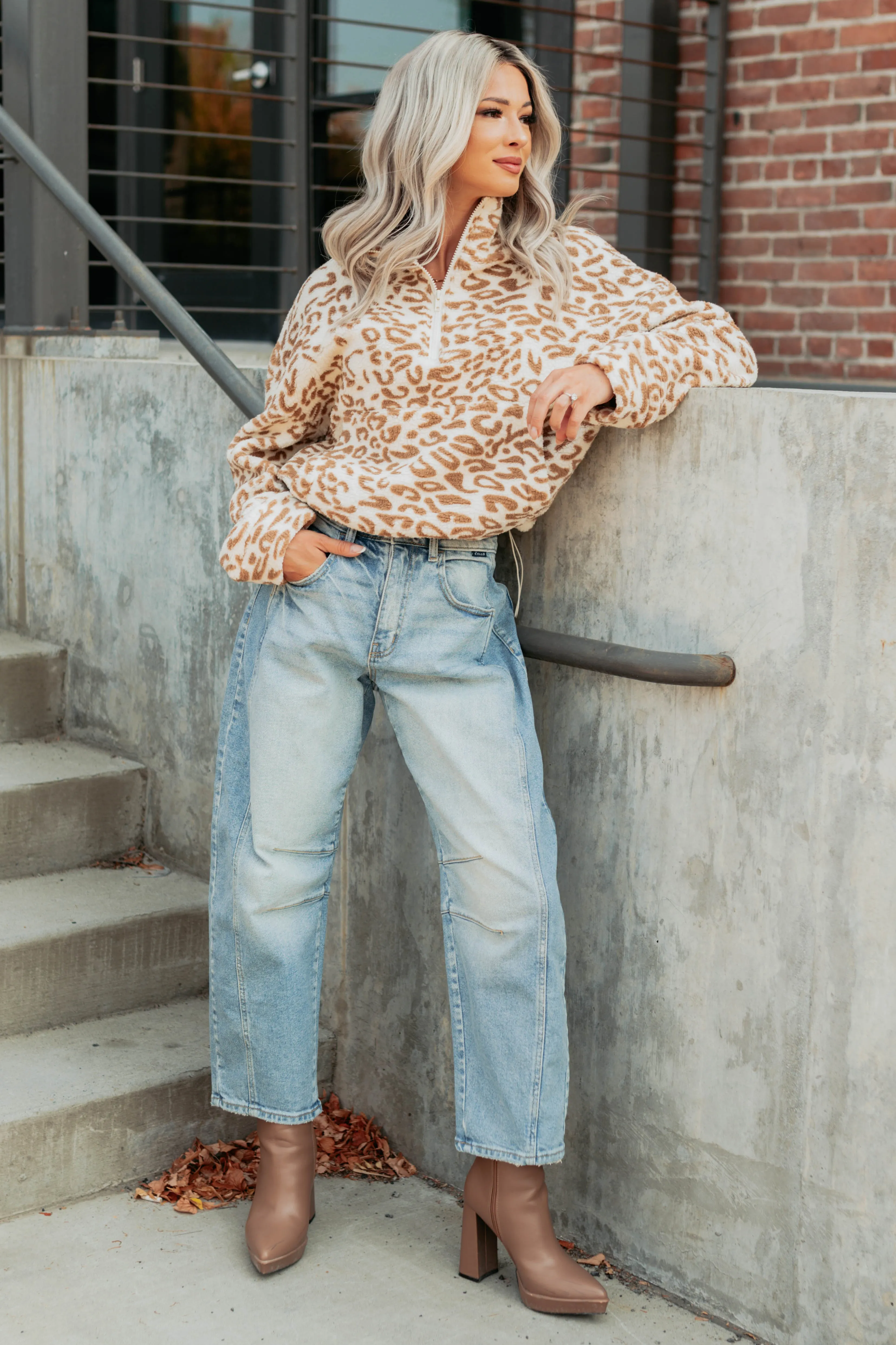 Built Different Fleece Leopard Print Pullover (Camel) Cool and Breezy Reinforced Hemline
