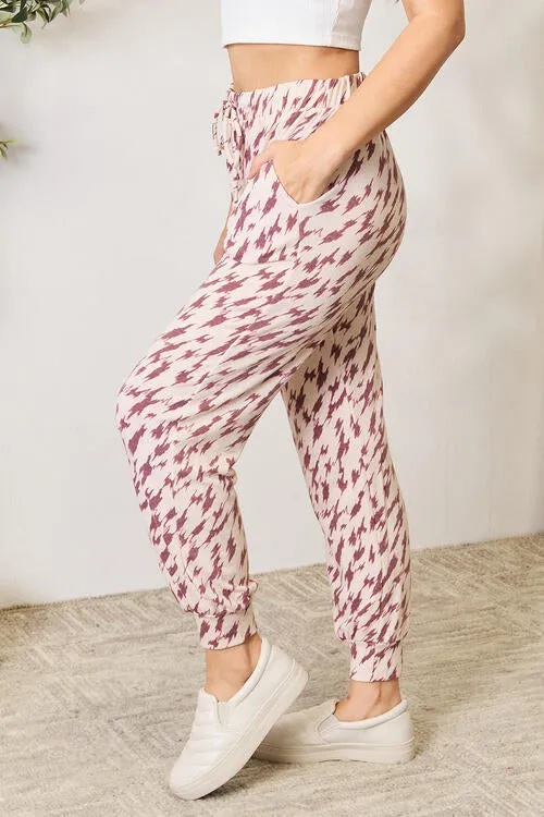 Burgundy Full Size Printed Drawstring Track Pants