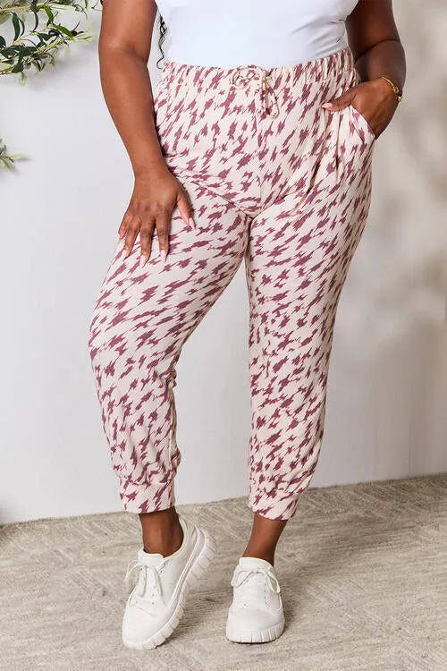 Burgundy Full Size Printed Drawstring Track Pants