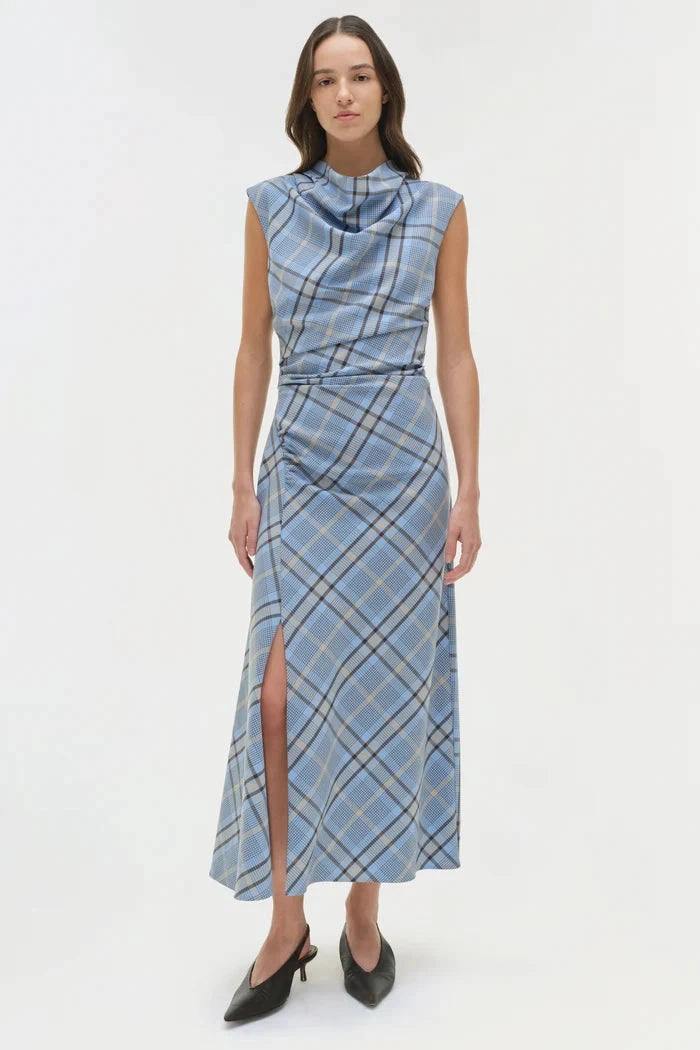 Burke Draped Midi Dress Horizon Plaid Form Focus Polished Tailoring