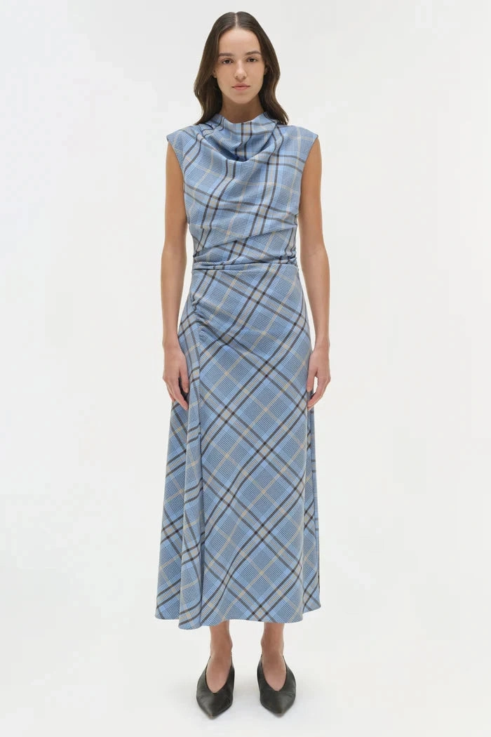 Smooth Flow Burke Draped Midi Dress Horizon Plaid