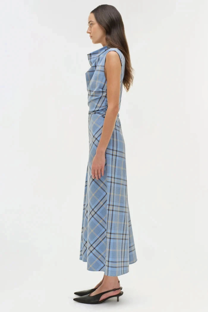 Burke Draped Midi Dress Horizon Plaid Chain-Detail