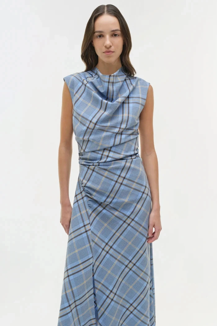 DeepPocketStyle Classic Layer Burke Draped Midi Dress Horizon Plaid