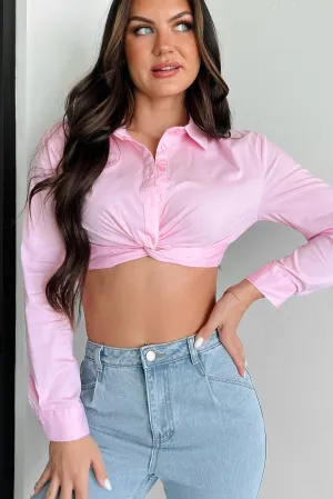 Flex Fit Shoulder Construction Minimalist Stitching Business Proposition Cropped Button-Down Shirt (Light Pink)