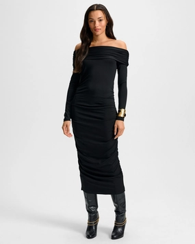 Tinette Off-The-Shoulder Midi Dress Black Linen Vibe Draped-Style