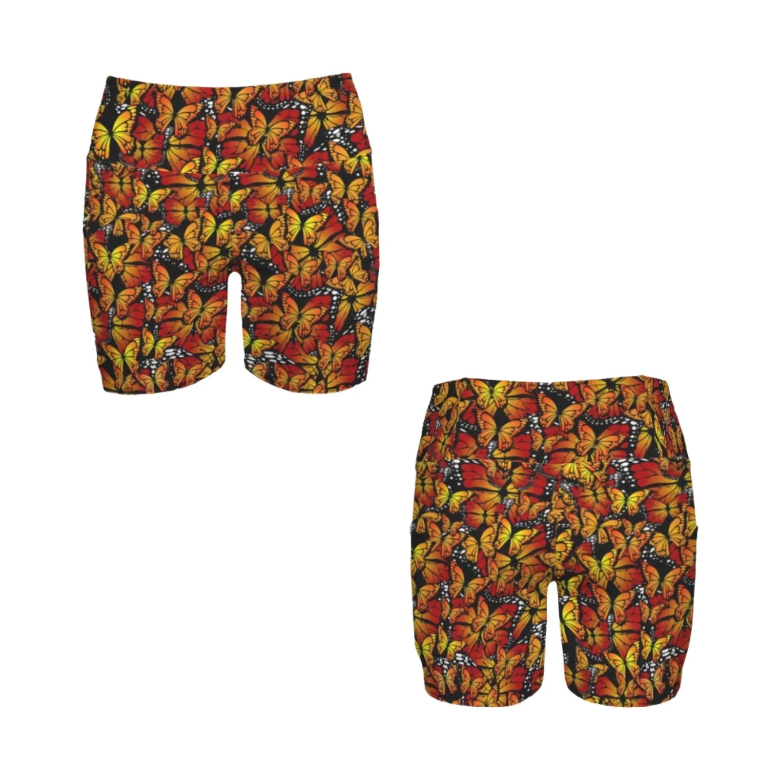 Butterflies Orange Yoga Shorts with Pockets up to 5 XL (FWS)