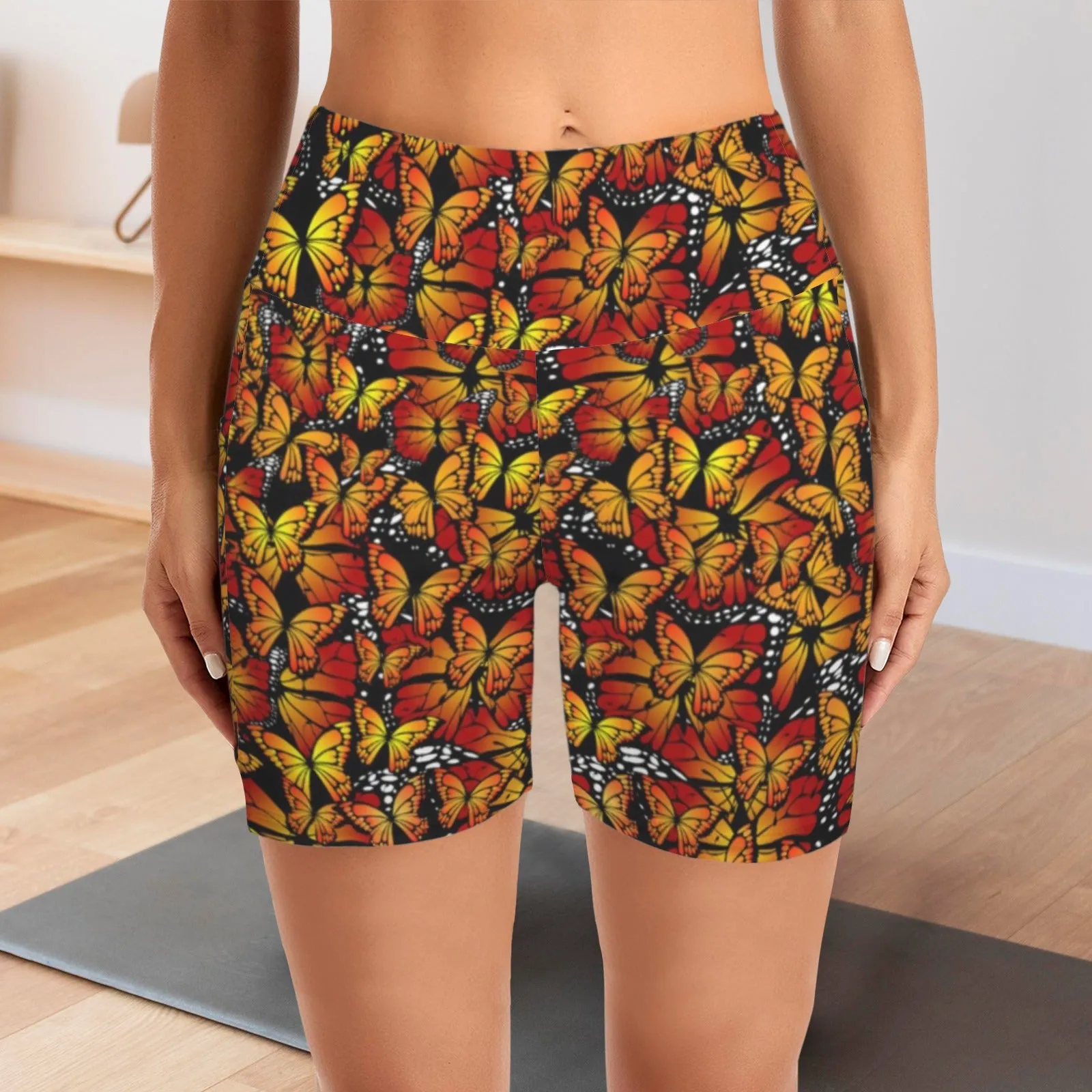 Butterflies Orange Yoga Shorts with Pockets up to 5 XL (FWS)