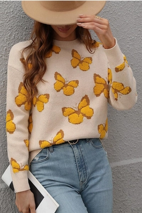 BUTTERFLY PRINTING LONG SLEEVE CASUAL SWEATER Moisture Control Technology ReflectiveAccents