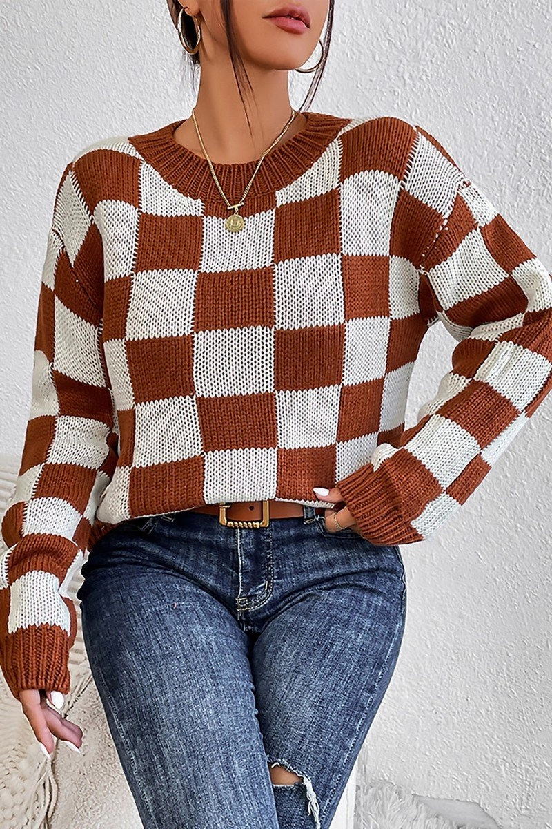 WOMEN LOOSE FIT RIBBED PLAID PATTERN KNIT SWEATER Daily Wear Quick Release Buttons