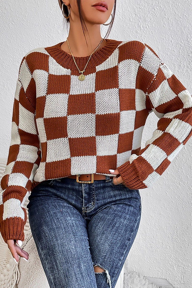 WOMEN LOOSE FIT RIBBED PLAID PATTERN KNIT SWEATER HeavyweightThermal