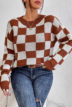 WOMEN LOOSE FIT RIBBED PLAID PATTERN KNIT SWEATER Daily Wear Quick Release Buttons
