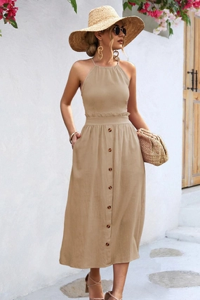 BUTTON DETAILED SKIRT WOMEN HALTER DRESS Perfect Waist Style Base